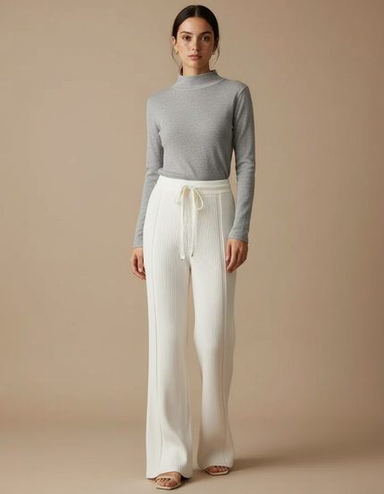 Pantalon Blanc Tricoté Côtelé Fluide Confortable Femme - Maille