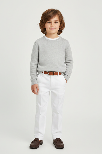 Pantalon Blanc Enfant Formel Coton Élégant Ajusté - Gabardine