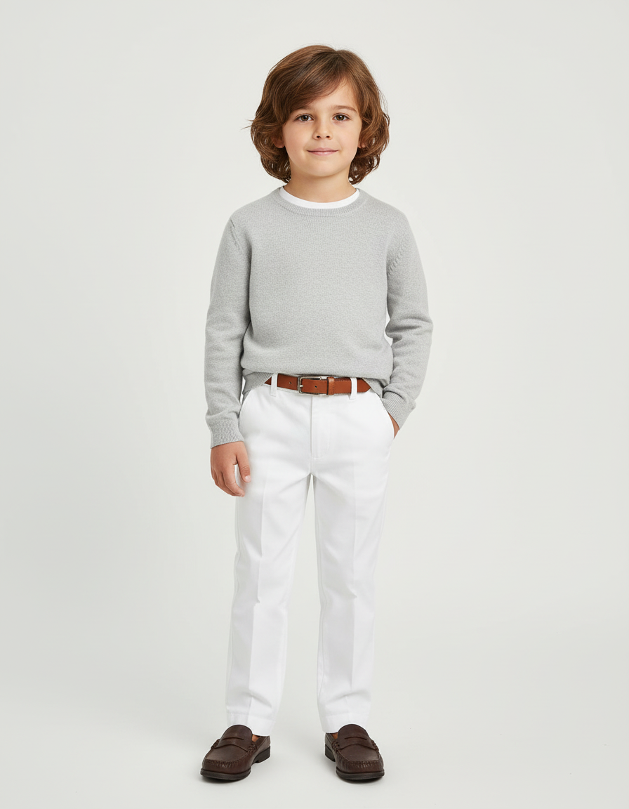 Pantalon Blanc Enfant Formel Coton Élégant Ajusté - Gabardine