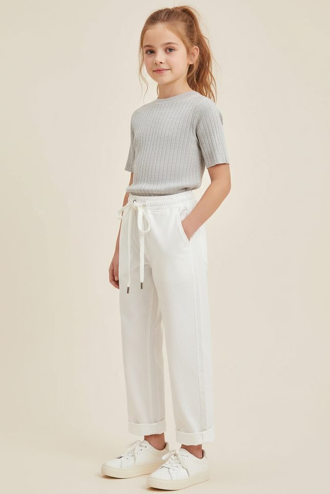 Pantalon Blanc Côtelé Décontracté Ample Cordon Fille - Coton