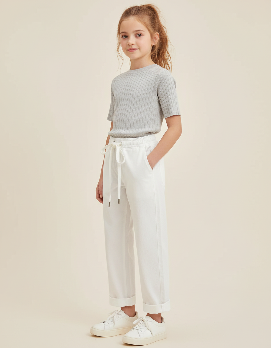 Pantalon Blanc Côtelé Décontracté Ample Cordon Fille - Coton