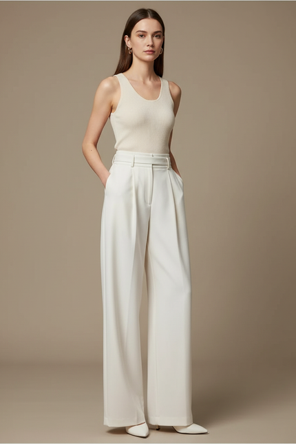 Pantalon Blanc Large Fluide Taille Haute Élégant - Polyester