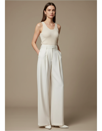 Pantalon Blanc Large Fluide Taille Haute Élégant - Polyester