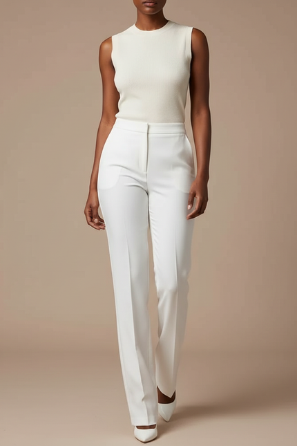 Pantalon Blanc Droit Élégant Taille Haute - Gabardine