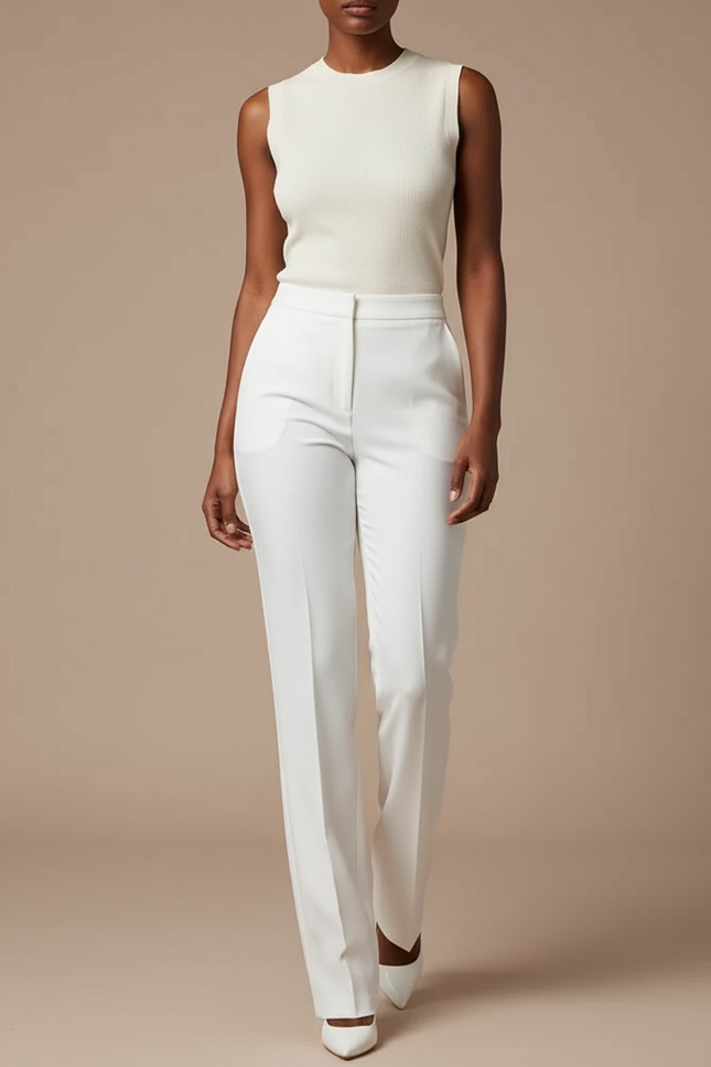 Pantalon Blanc Droit Élégant Taille Haute - Gabardine