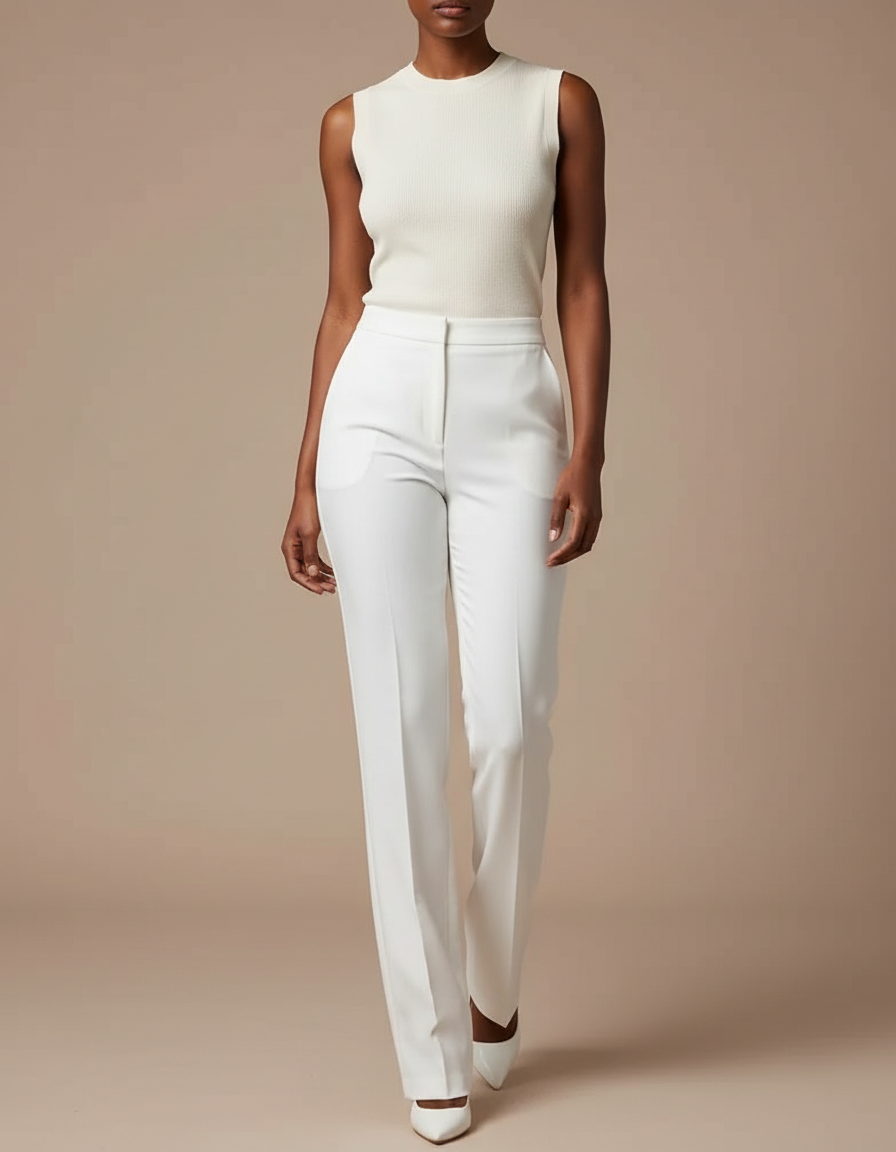 Pantalon Blanc Droit Élégant Taille Haute - Gabardine
