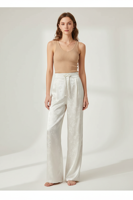 Pantalon Blanc Satin Jacquard Ample Élégant