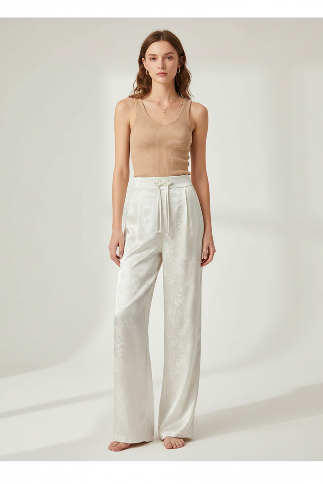 Pantalon Blanc Satin Jacquard Ample Élégant