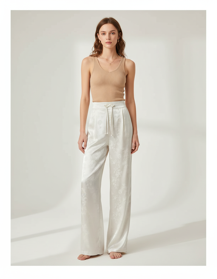 Pantalon Blanc Satin Jacquard Ample Élégant