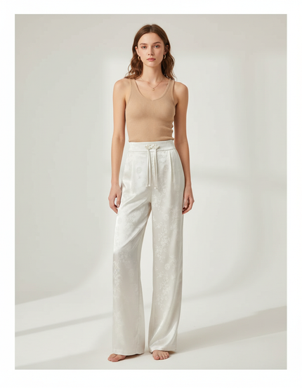 Pantalon Blanc Satin Jacquard Ample Élégant