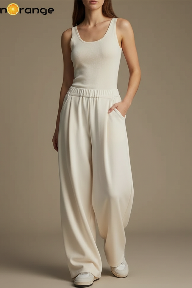 Pantalon Blanc Fluide Ample Décontracté Femme - Beige Viscose