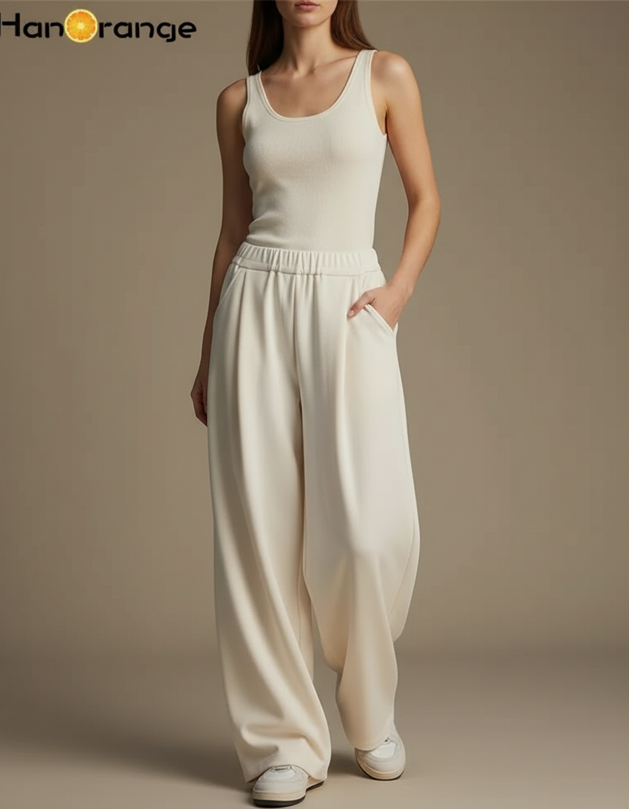 Pantalon Blanc Fluide Ample Décontracté Femme - Beige Viscose