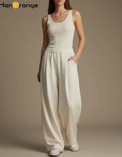 Pantalon Blanc Fluide Ample Décontracté Femme - Beige Viscose