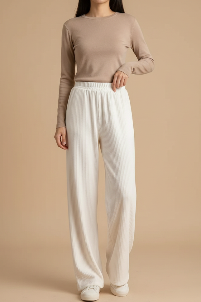 Pantalon Blanc Côtelé Ample Taille Haute Décontracté - Maille