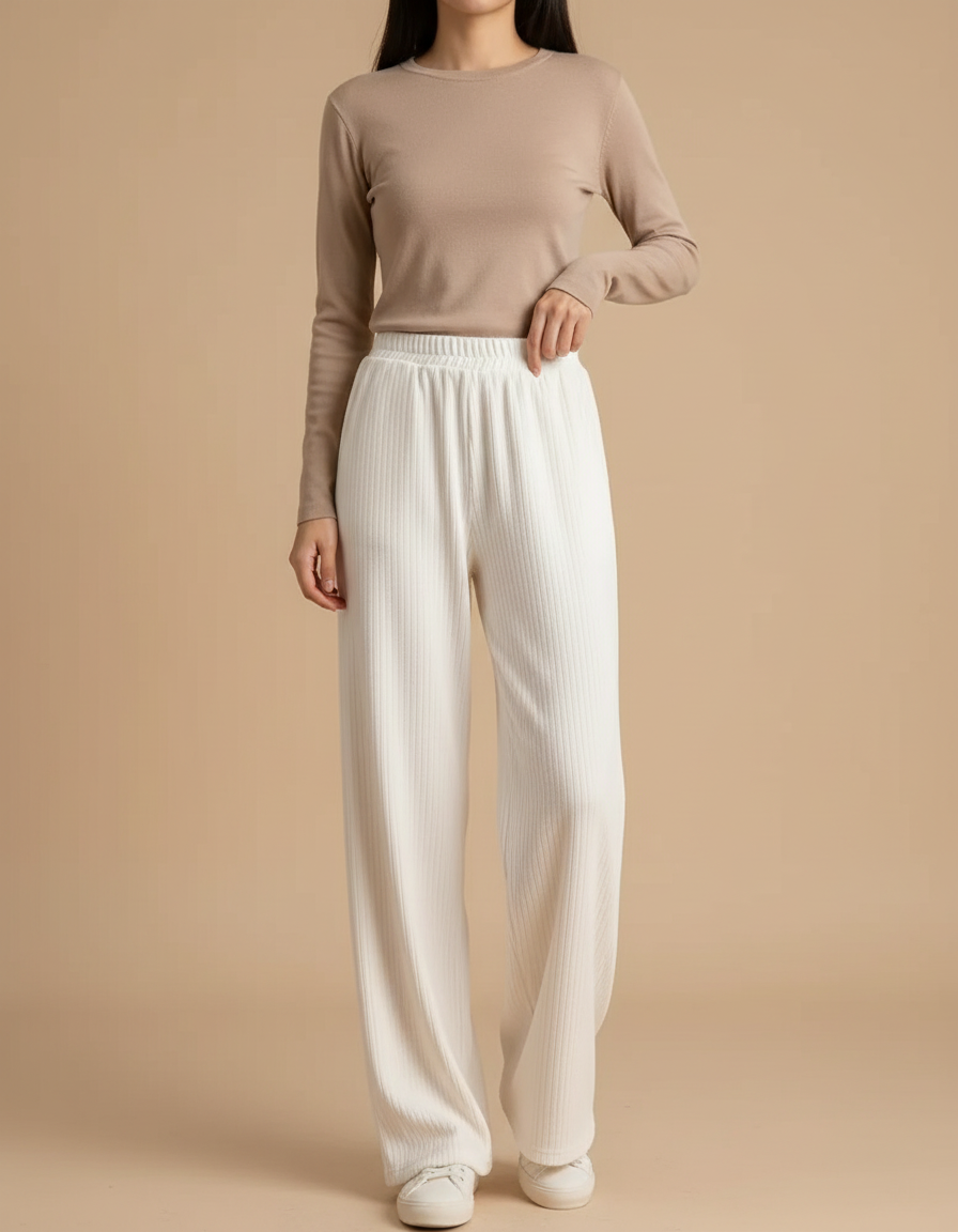 Pantalon Blanc Côtelé Ample Taille Haute Décontracté - Maille