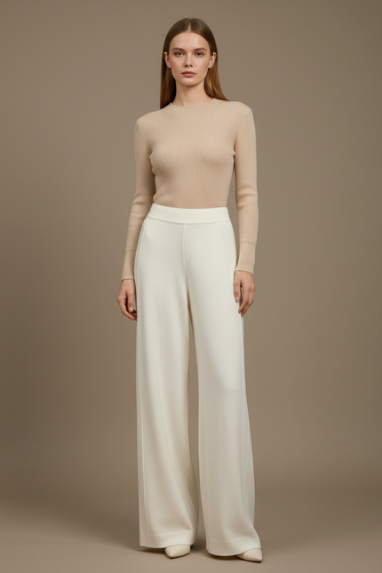 Pantalon Blanc Tricoté Ample Taille Haute Drapé - Maille