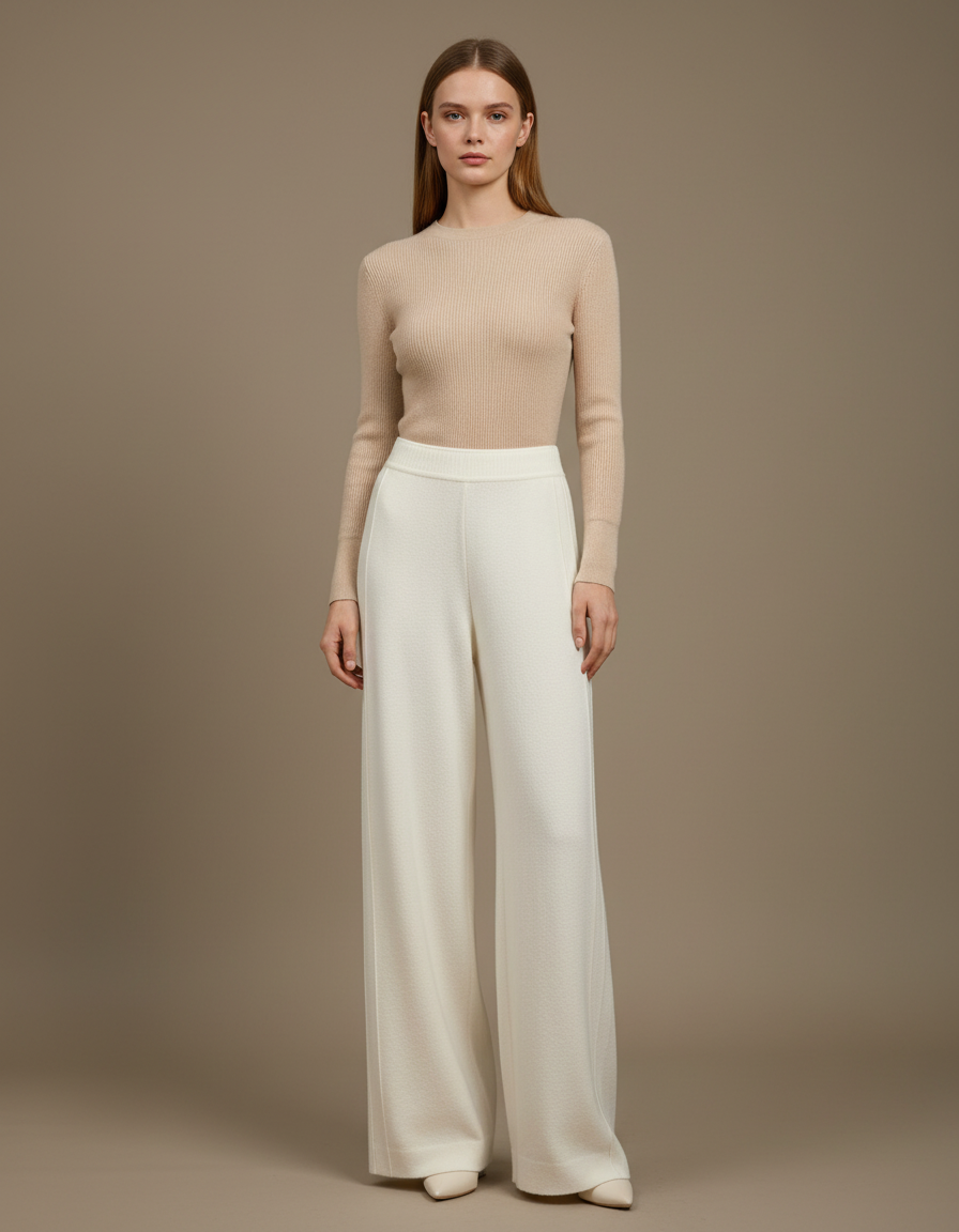 Pantalon Blanc Tricoté Ample Taille Haute Drapé - Maille