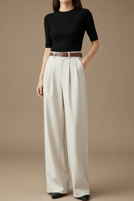 Pantalon Blanc Large Plissé Élégant Femme - Beige Polyester