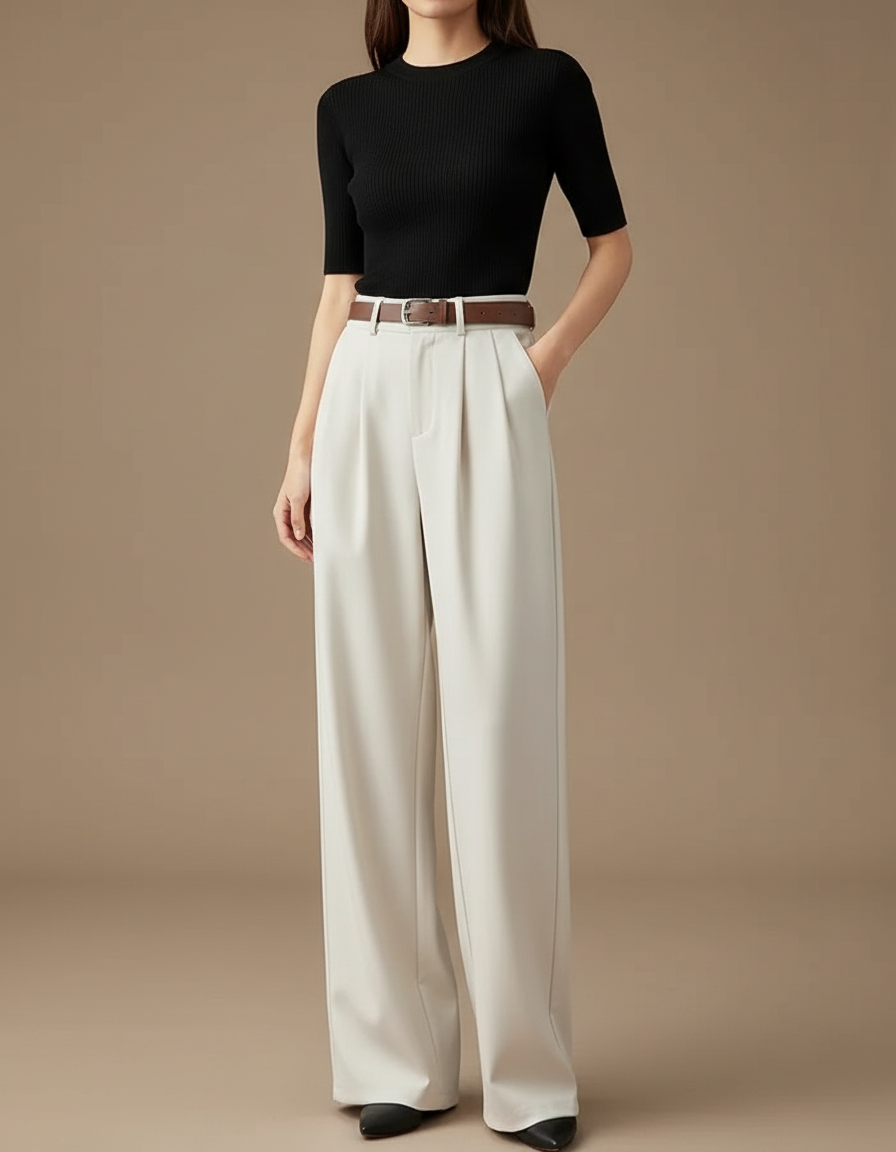 Pantalon Blanc Large Plissé Élégant Femme - Beige Polyester