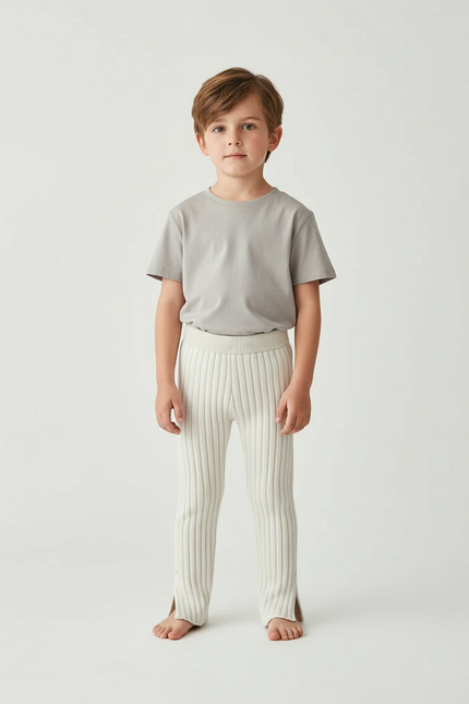 Pantalon Blanc Côtelé Tricoté Enfant Confortable Évasé - Maille