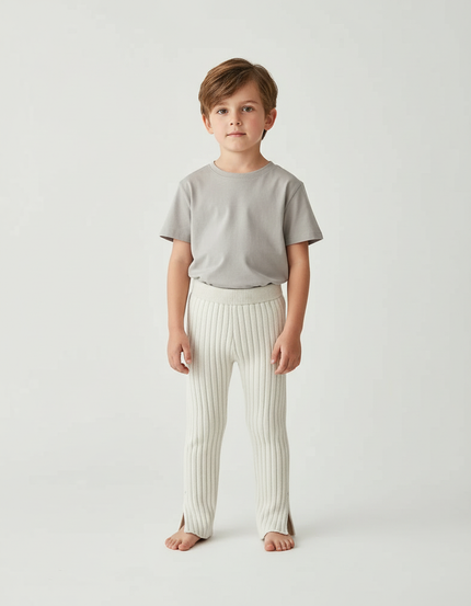 Pantalon Blanc Côtelé Tricoté Enfant Confortable Évasé - Maille