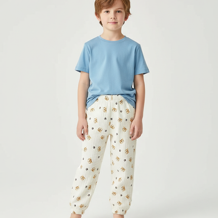 Pantalon Blanc Imprimé Chiot Confortable Garçon - Coton