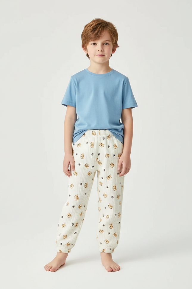 Pantalon Blanc Imprimé Chiot Confortable Garçon - Coton