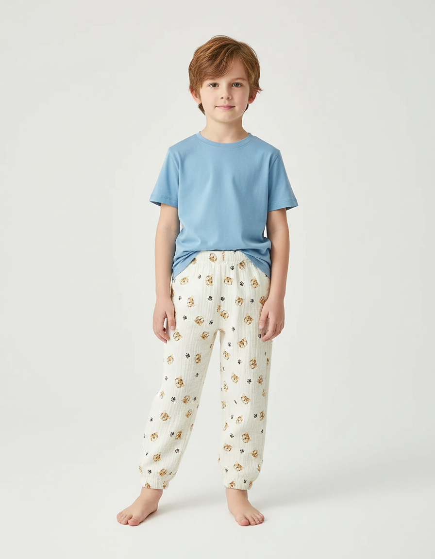 Pantalon Blanc Imprimé Chiot Confortable Garçon - Coton