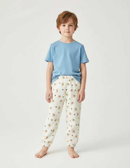 Pantalon Blanc Imprimé Chiot Confortable Garçon - Coton
