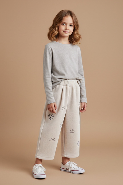 Pantalon Blanc Côtelé Ample Brodé Décontracté Enfant - Beige Cordé