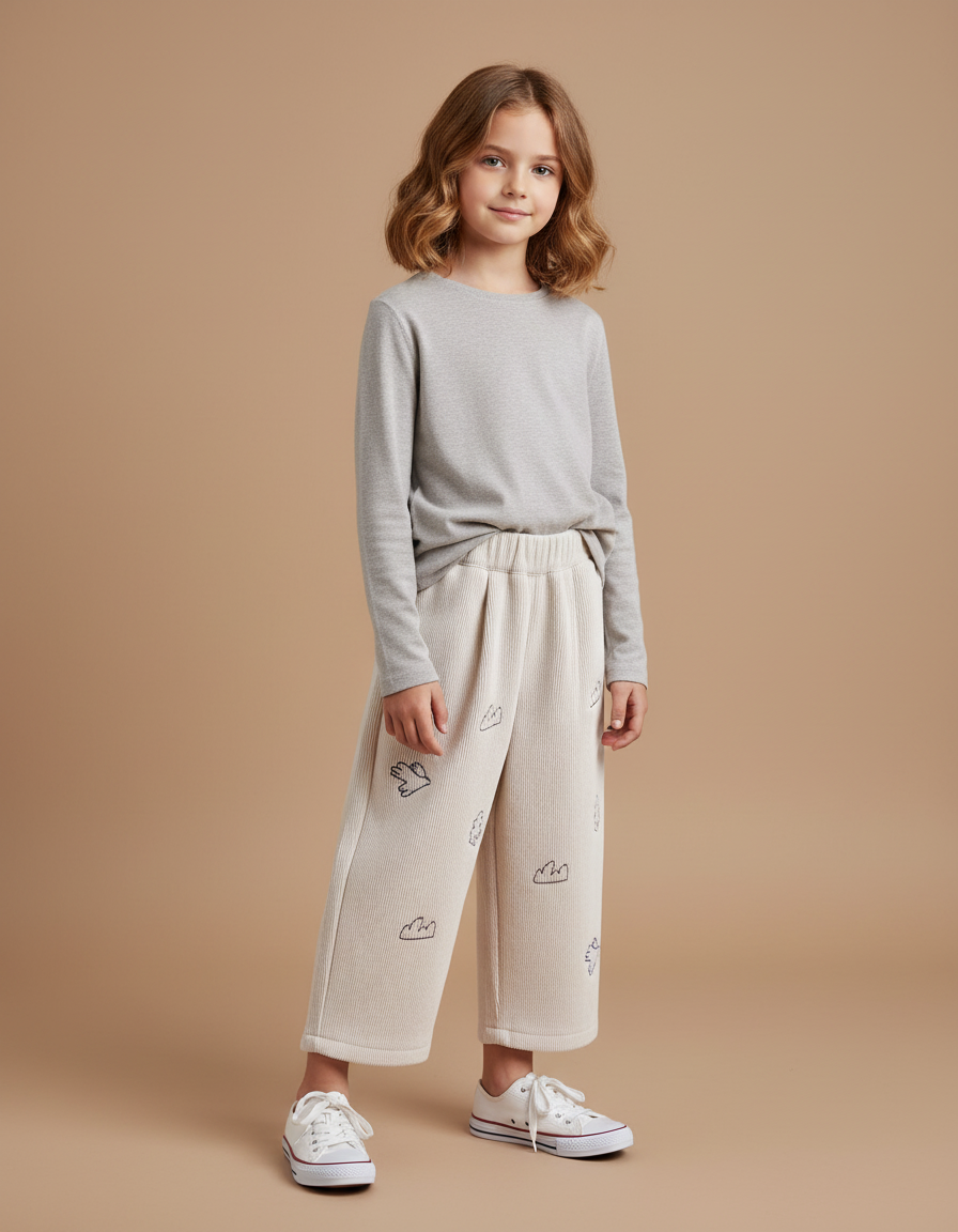 Pantalon Blanc Côtelé Ample Brodé Décontracté Enfant - Beige Cordé