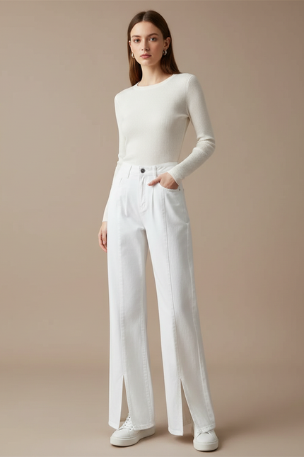Pantalon Blanc Taille Haute Large Fendu Plissé - Jean