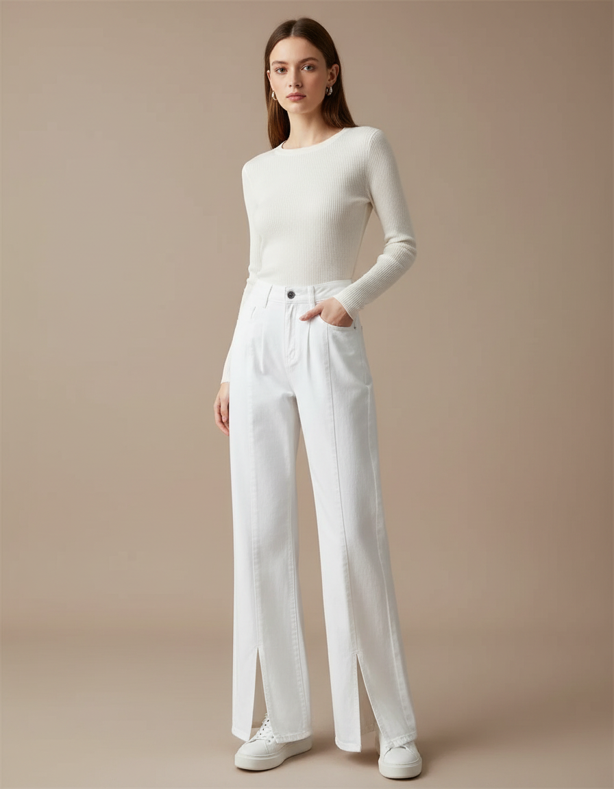 Pantalon Blanc Taille Haute Large Fendu Plissé - Jean
