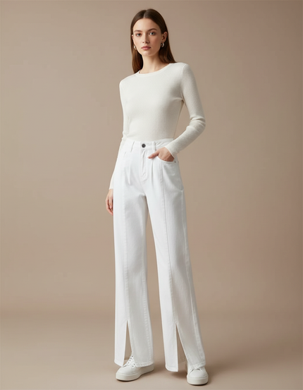 Pantalon Blanc Taille Haute Large Fendu Plissé - Jean