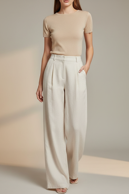 Pantalon Blanc Fluide Lin Ample Taille Haute Décontracté - Beige