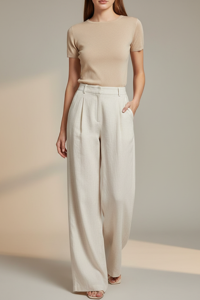 Pantalon Blanc Fluide Lin Ample Taille Haute Décontracté - Beige