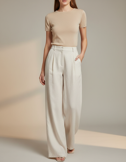 Pantalon Blanc Fluide Lin Ample Taille Haute Décontracté - Beige