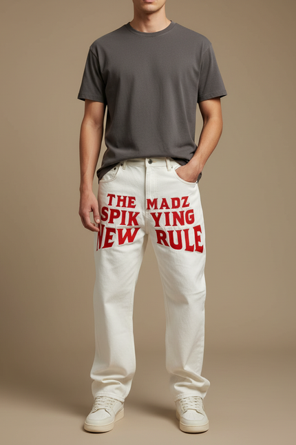 Pantalon Blanc Imprimé Droit Décontracté Homme Streetwear - Jean