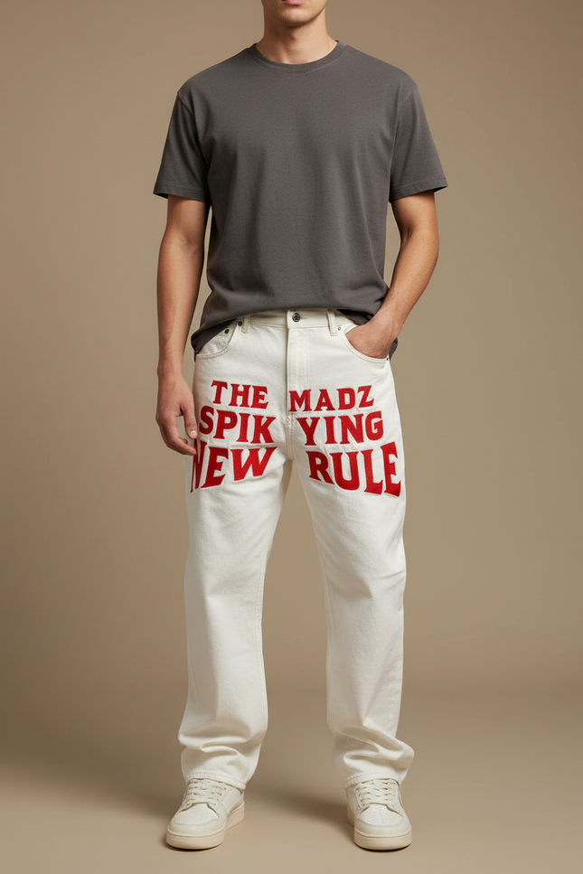 Pantalon Blanc Imprimé Droit Décontracté Homme Streetwear - Jean