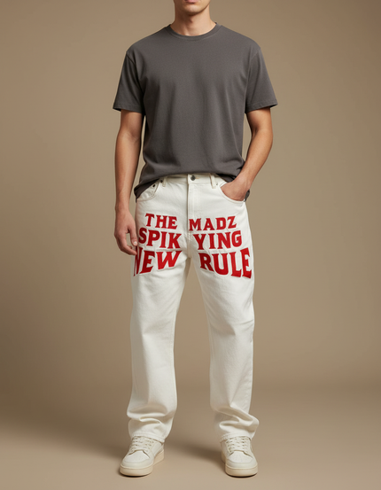 Pantalon Blanc Imprimé Droit Décontracté Homme Streetwear - Jean