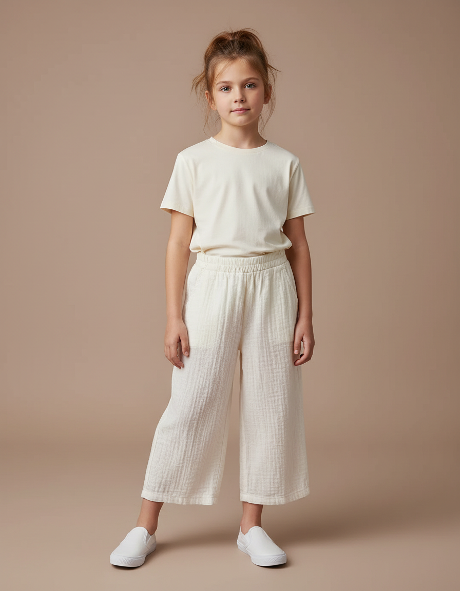 Pantalon Blanc Gaufré Ample Coton Enfant Estival