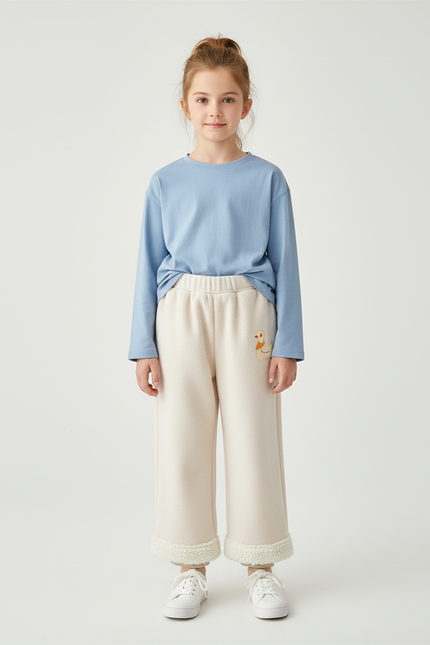 Pantalon Blanc Molletonné Brodé Canard Hiver Fille - Beige