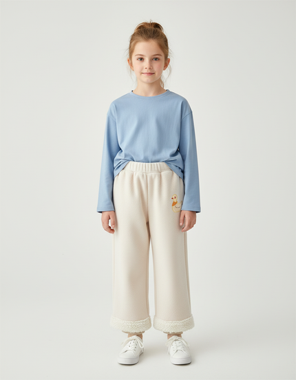 Pantalon Blanc Molletonné Brodé Canard Hiver Fille - Beige