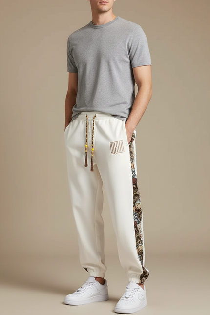 Pantalon Blanc Ample Décontracté Motif Ethnique - Molleton