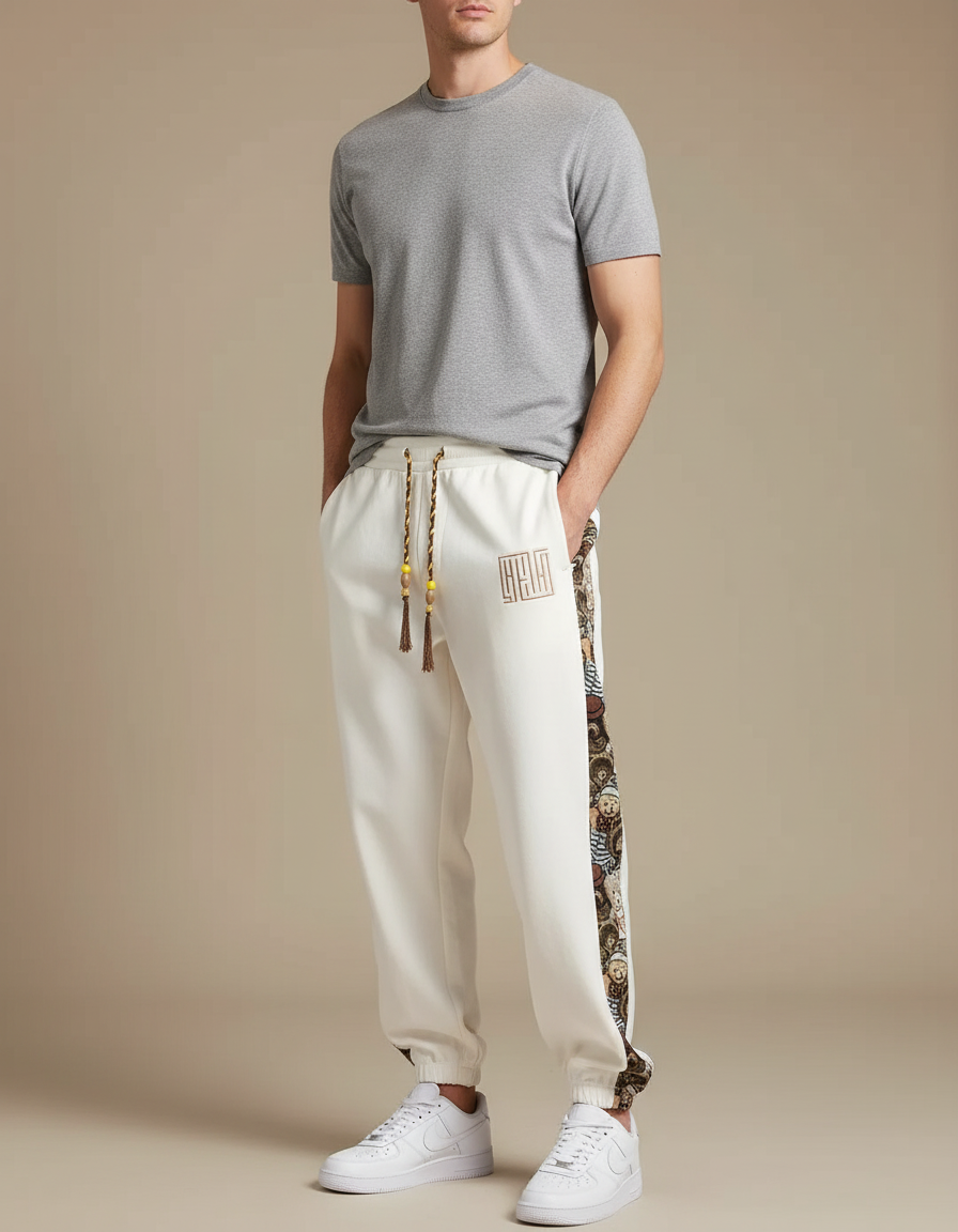 Pantalon Blanc Ample Décontracté Motif Ethnique - Molleton
