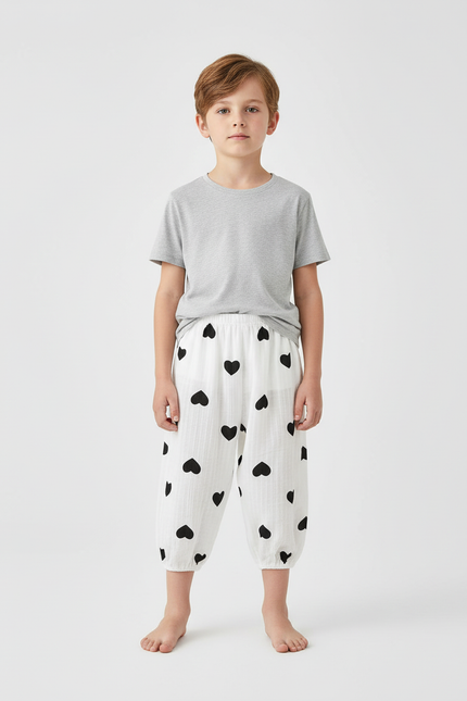 Pantalon Blanc Coton Ample Cœurs Noirs Garçon
