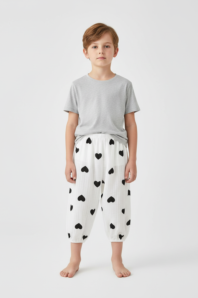 Pantalon Blanc Coton Ample Cœurs Noirs Garçon