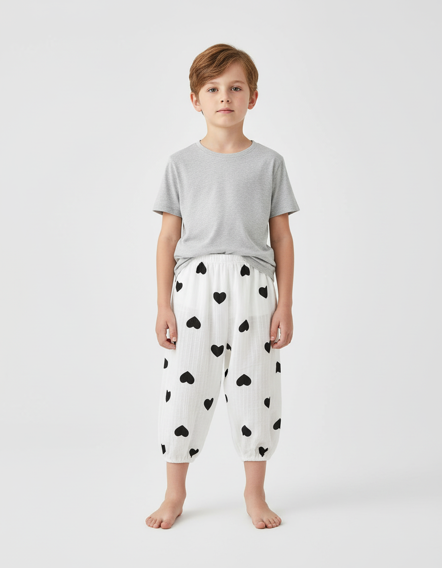 Pantalon Blanc Coton Ample Cœurs Noirs Garçon