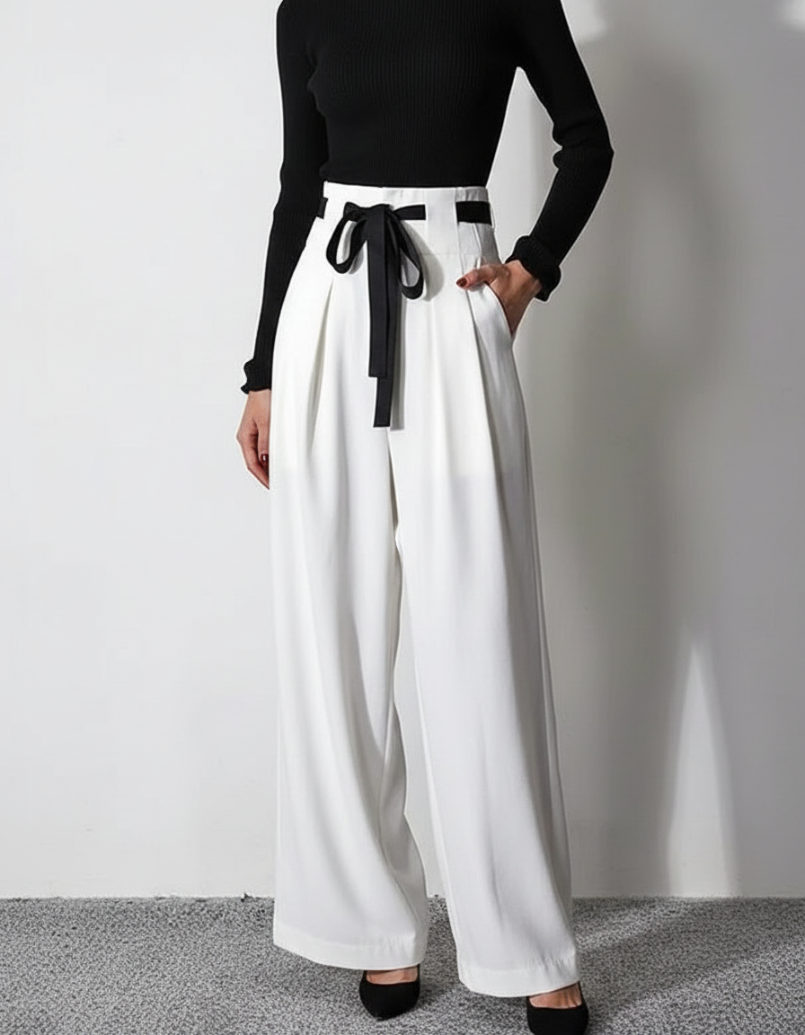 Pantalon Large Noir Et Blanc - Viscose