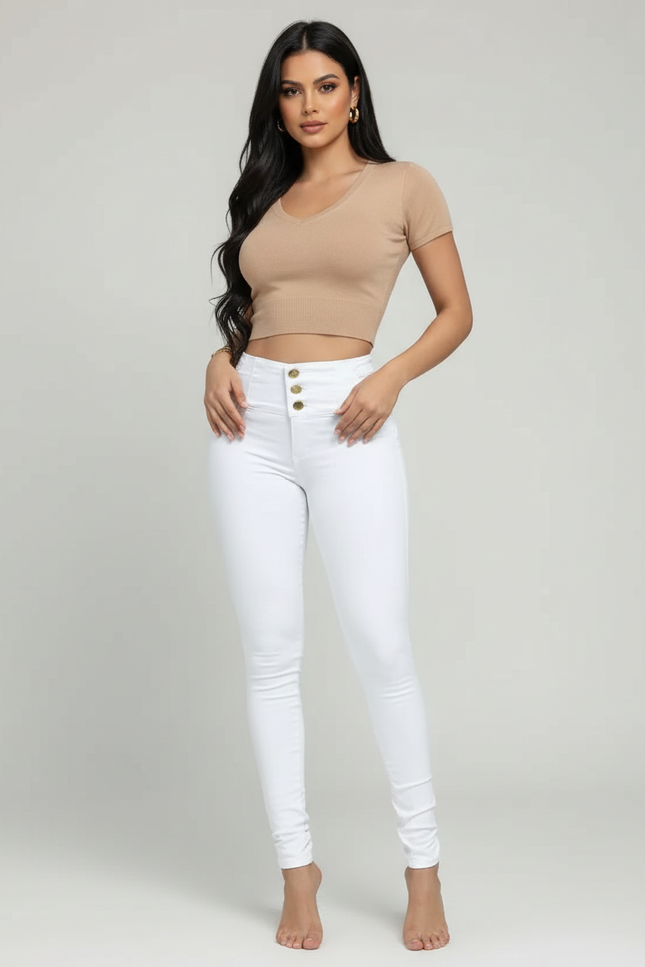 Pantalon Blanc Skinny Taille Haute Boutons - Jean